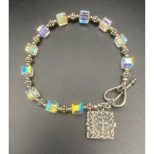 AB Crystal Cube Bracelet Bible Locket Charm Opens Mary Baby Jesus 925 Silver 7.5